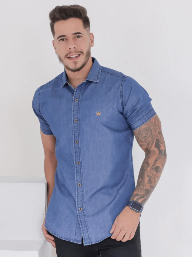 Camisa Jeans Masculina Slim Fit Manga Curta Social