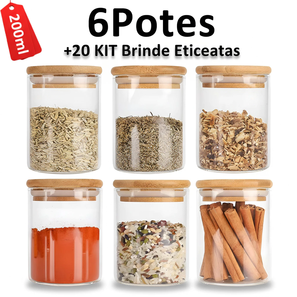 Kit 6 Potes de Vidro Hermético Tampa Bambu 200ml