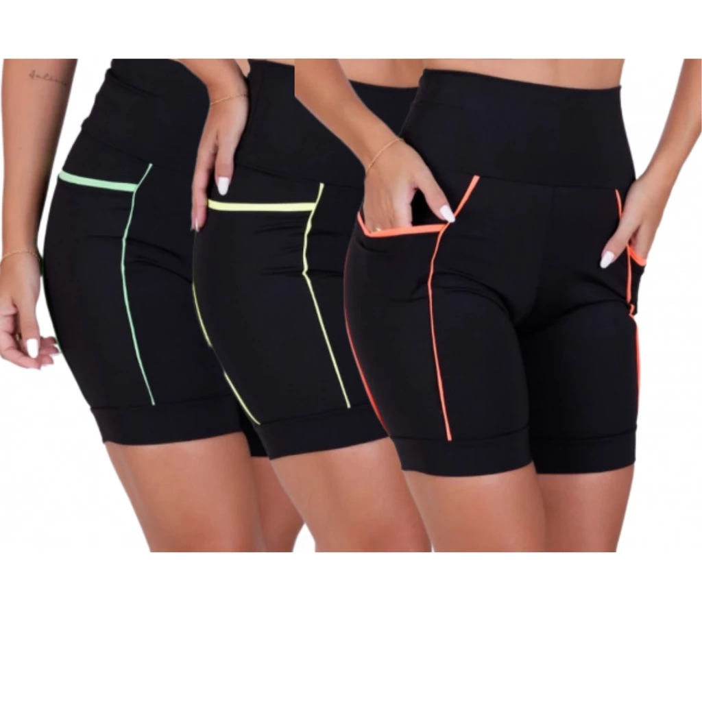 Kit com 3 Bermudas Fitness Cós Alto Refletiva